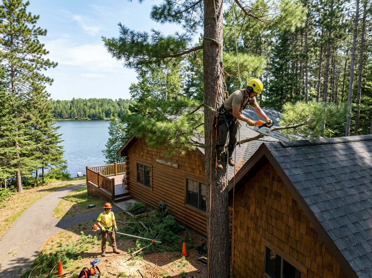 Tree trimming and hazard limb removal over cabin roof in Crosslake MN